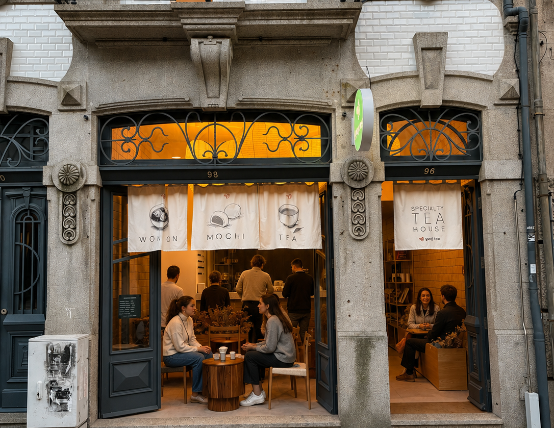 A street-facing storefront of a tea shop with people seated inside and outside. The building has a stone facade, a black wrought-iron balcony above, and two large display windows with hanging signs reading 'MOCHI TEA' and 'TEA A LA RE'.